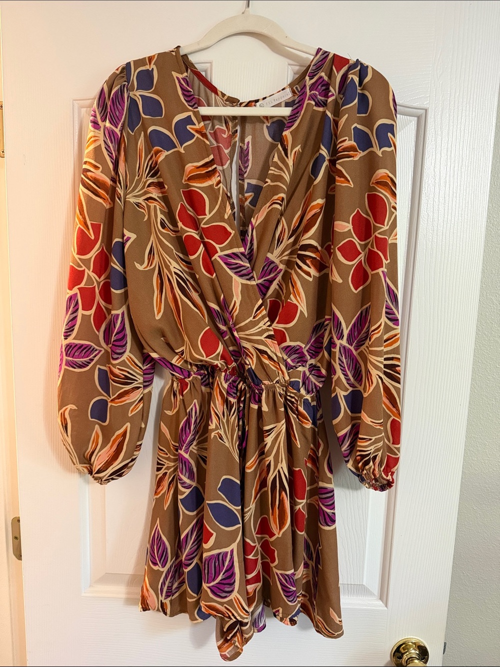 Women's Brown Floral Surplice Long Sleeve Dress